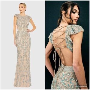 NWT $598‎ Mac Duggal 5689 Embellished Cut Out Lace Up Cap Sleeve Gown NUDE